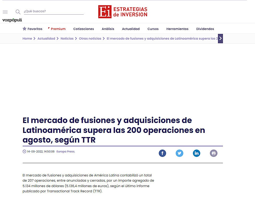 El mercado de fusiones y adquisiciones de Latinoamrica supera las 200 operaciones en agosto, segn TTR